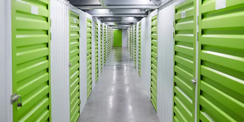 Storage facility interios with green doors