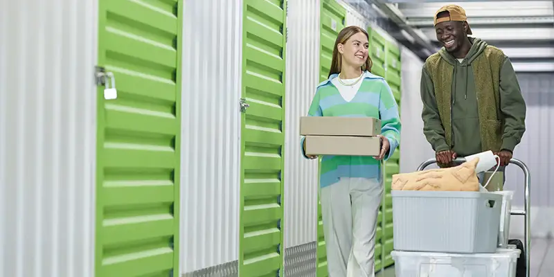 couple bringing boxes to a mini storage